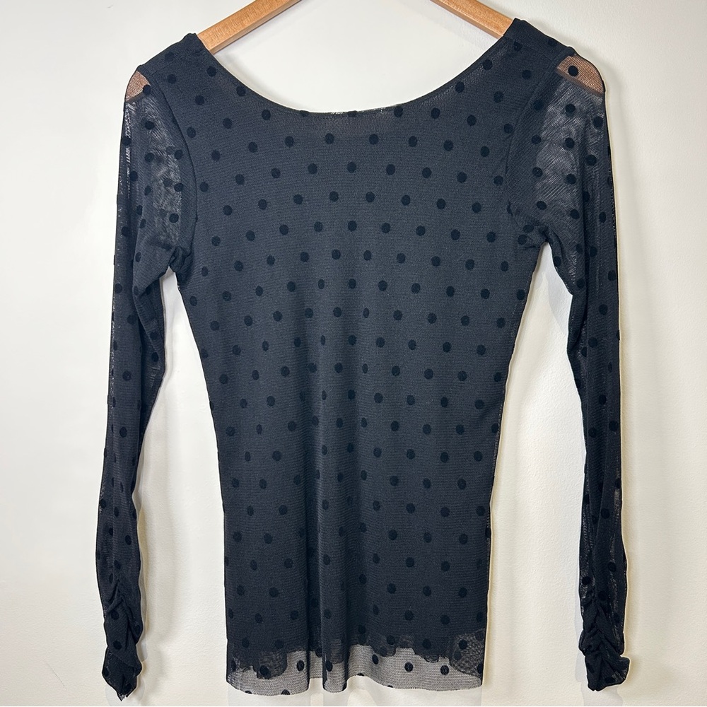 Vintage 90’s Y2K Goth Black Polka Dot Mesh Top With Sheer Ruched Long Sleeves S